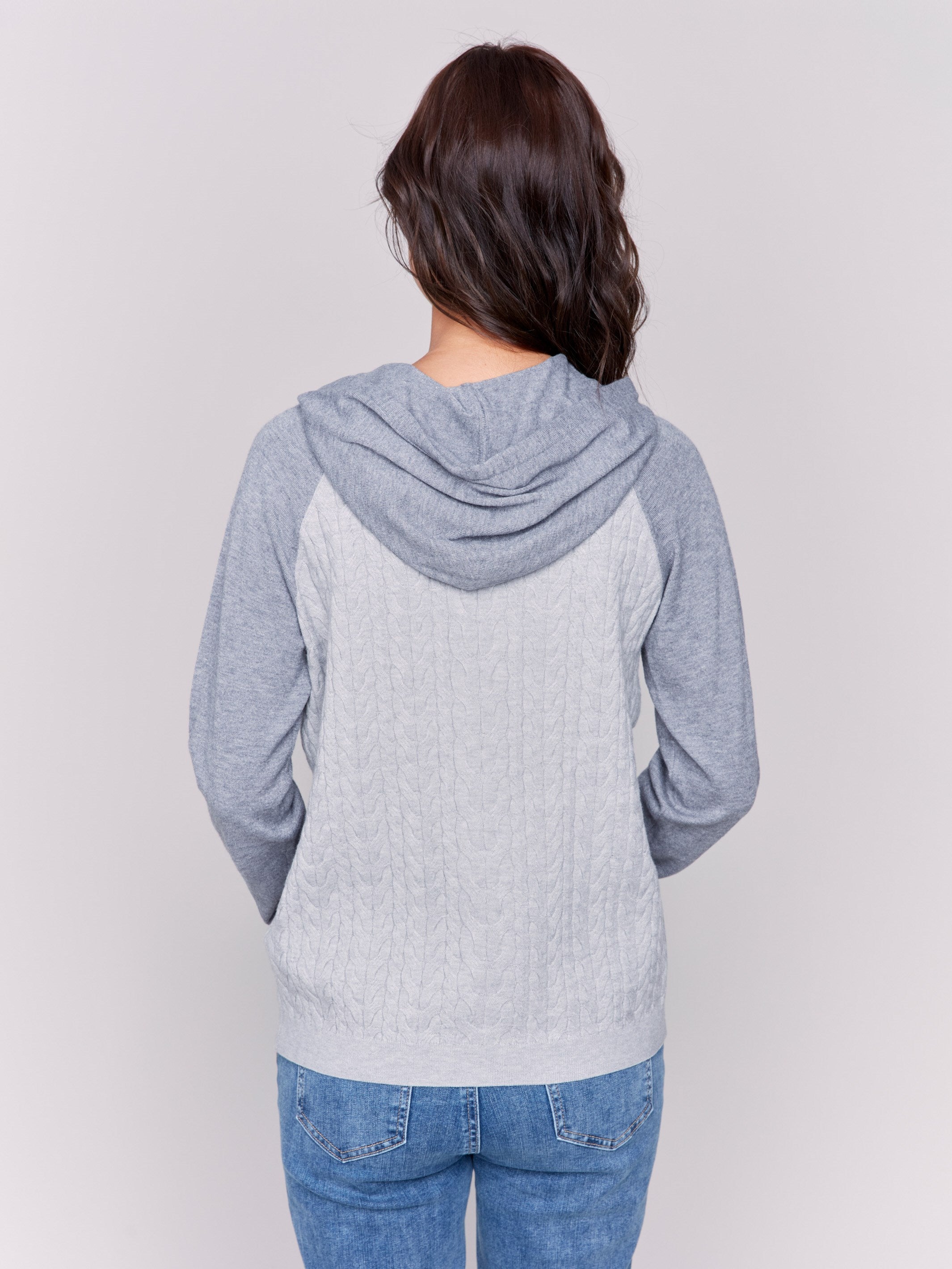 Heather grey and light pink two-toned hoodie sweater with raglan sleeves and hood by Charlie B.