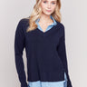 Navy V-neck fooler sweater with chambray shirt collar and peeking details at the hem and cuffs by Charlie B.