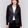 Black faux leather jacket with rib knit sleeves, zipper details, and lapel collar by Charlie B.