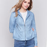 Frost-colored faux leather jacket with front zipper and stand collar by Charlie B.