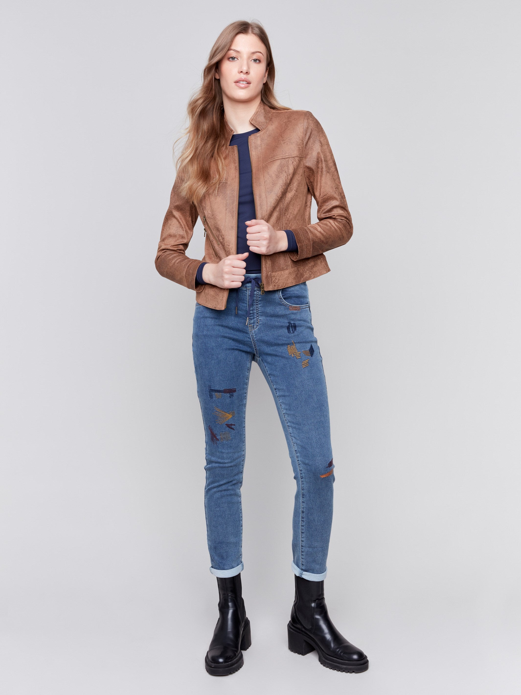 Truffle-colored faux leather jacket with front zipper and stand collar by Charlie B.