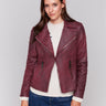 Cabernet red faux leather biker jacket with zipper details and fake pockets by Charlie B.