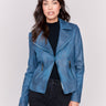 Peacock blue faux leather biker jacket with zipper details and fake pockets by Charlie B.